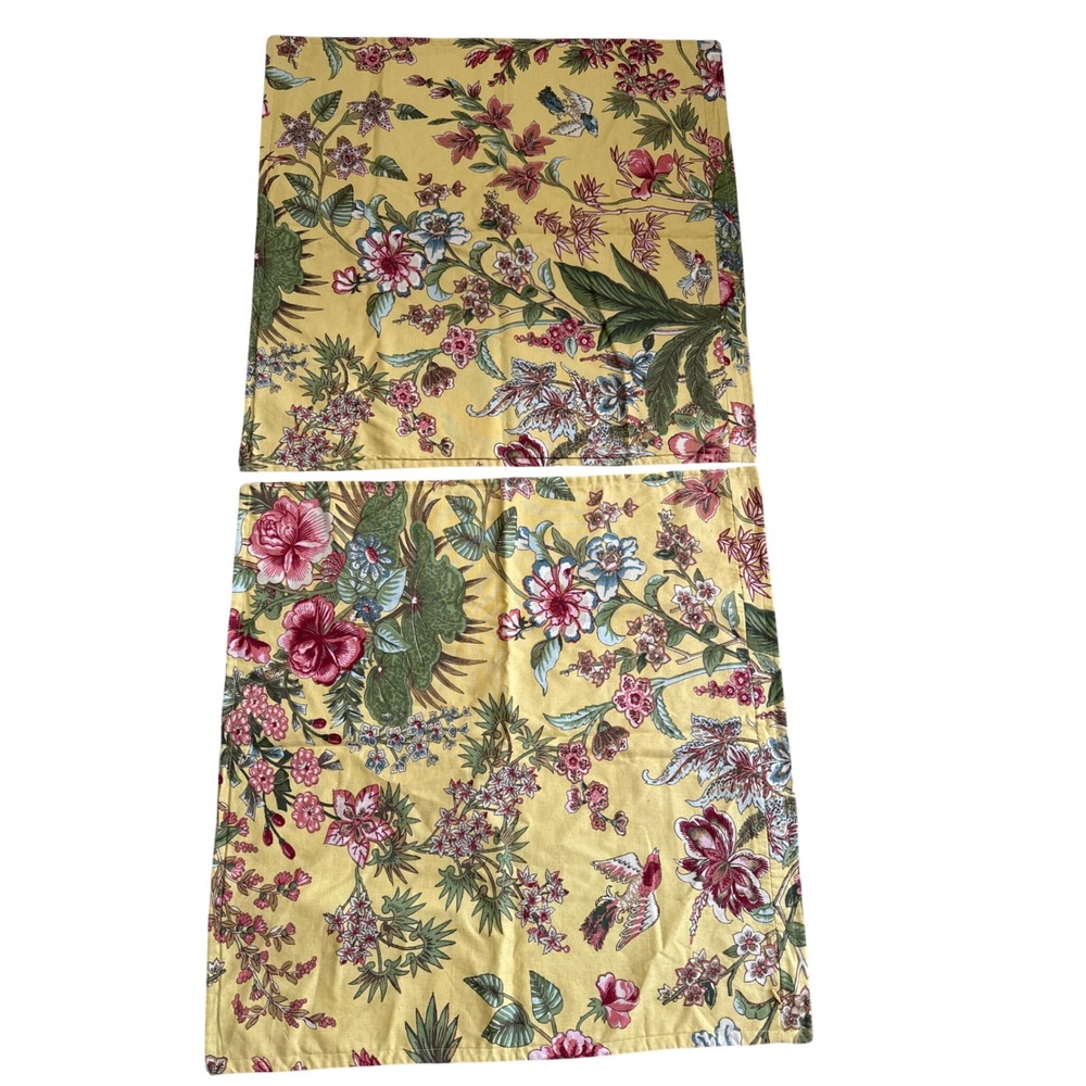 Pottery Barn Elodie Yellow Floral Bird Cotton Linen Euro Pillow Sham Pair 26x26